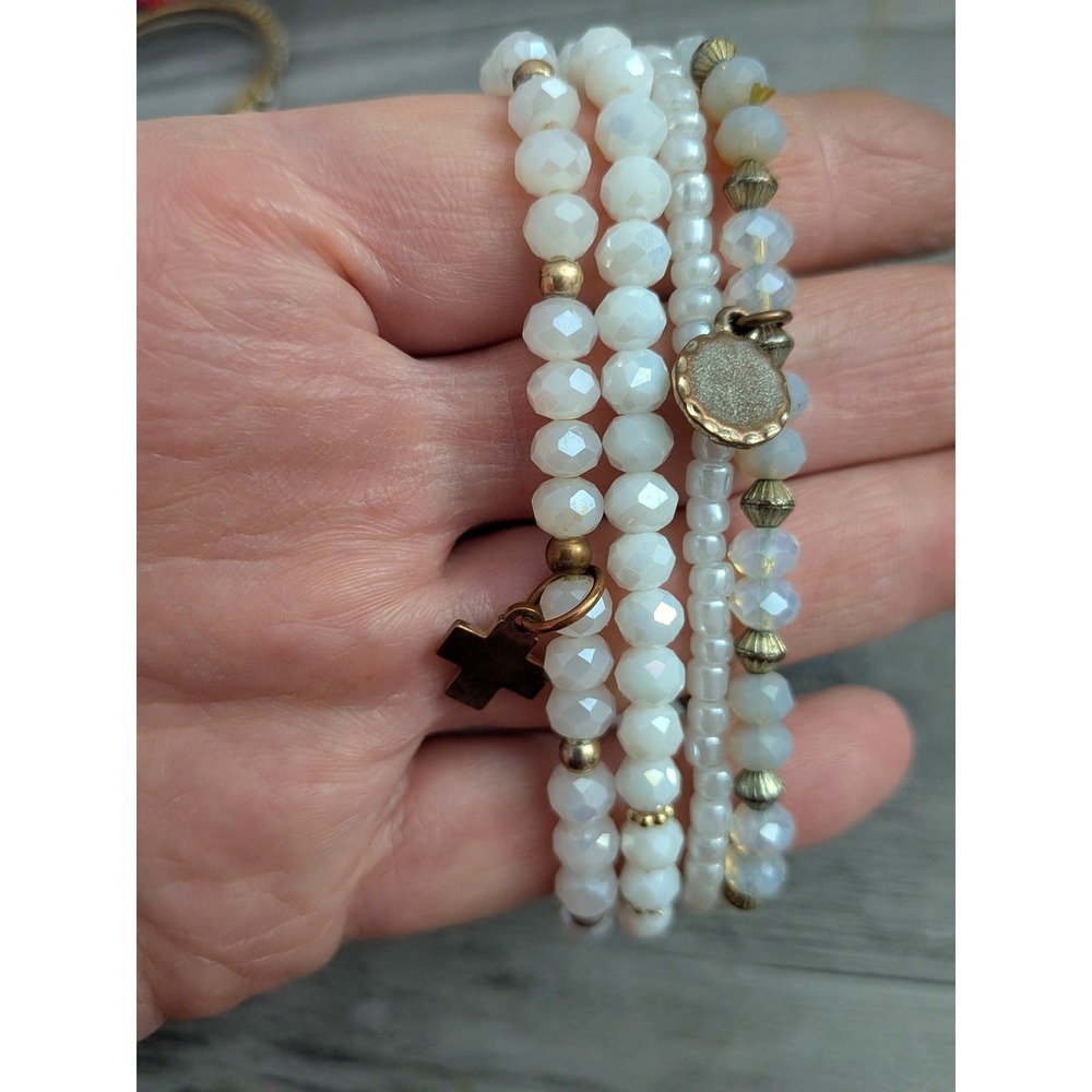 White Beaded Stretch Bracelet Set 4 Piece Cross Charm Gold Tone Boho Layering